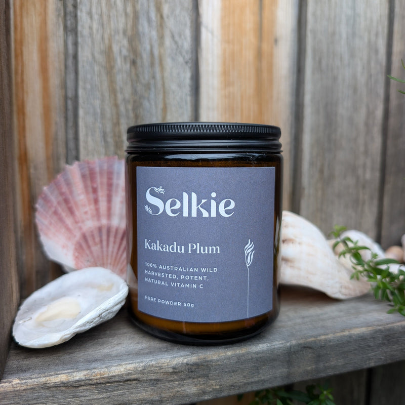 Selkie Kakadu Plum on a wooden surface with seashells and plants in the background